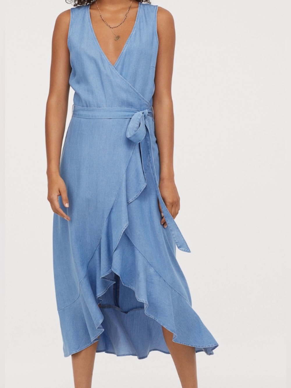 H&M US 4 Light Blue Sleeveless Chambray Wrap Ruffle Maxi Dress Casual Vacay New